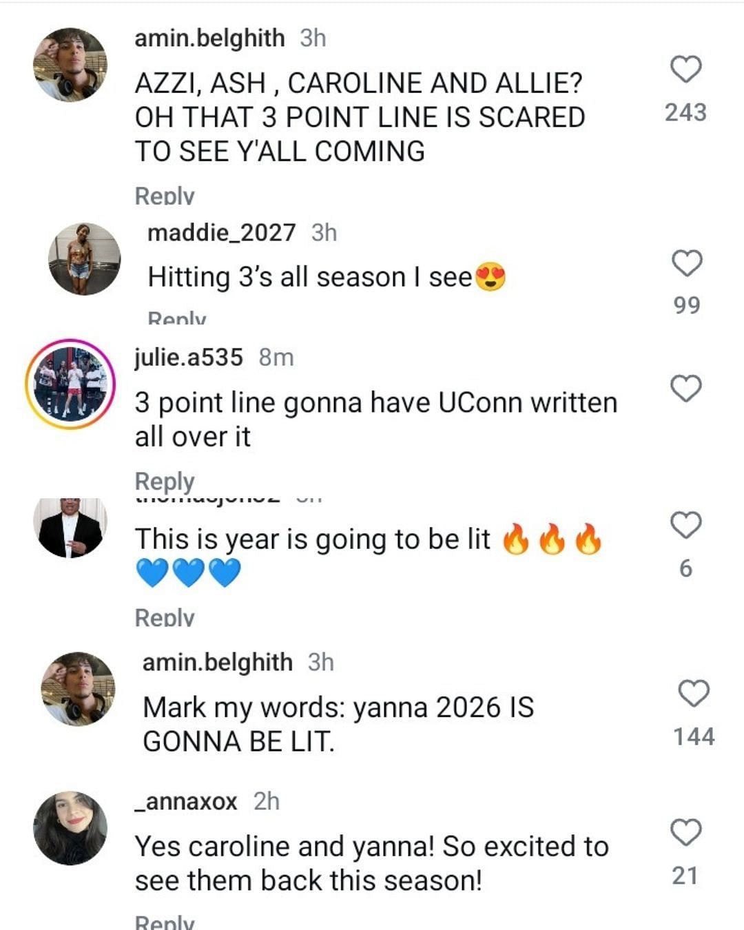 "3 point line is scared": UConn fans excited for next season as Azzi Fudd, Caroline Ducharme, and teammates return to practice. (Images via Instagram @uconnwbb)